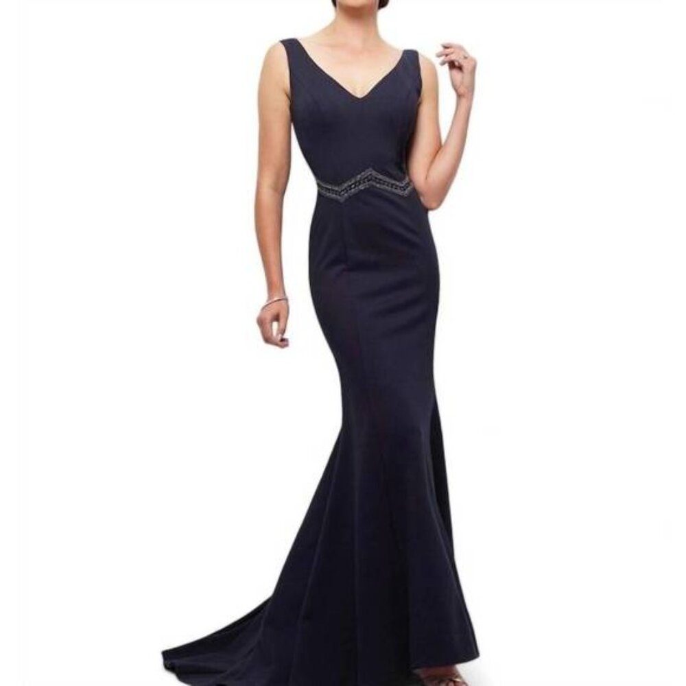 NEW MONTAGE BY MON CHERI sleeveless crepe fit and flare gown with cape in navy